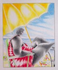 BORD DE MER-MAILLOTS DE BAIN .  N°6385 . Encre crayons de couleurs 18x15cm